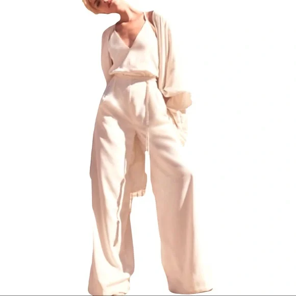 BHLDN x Jill Stuart Isla 6 Ivory Crepe Belted Wide Leg Wedding Jumpsuit